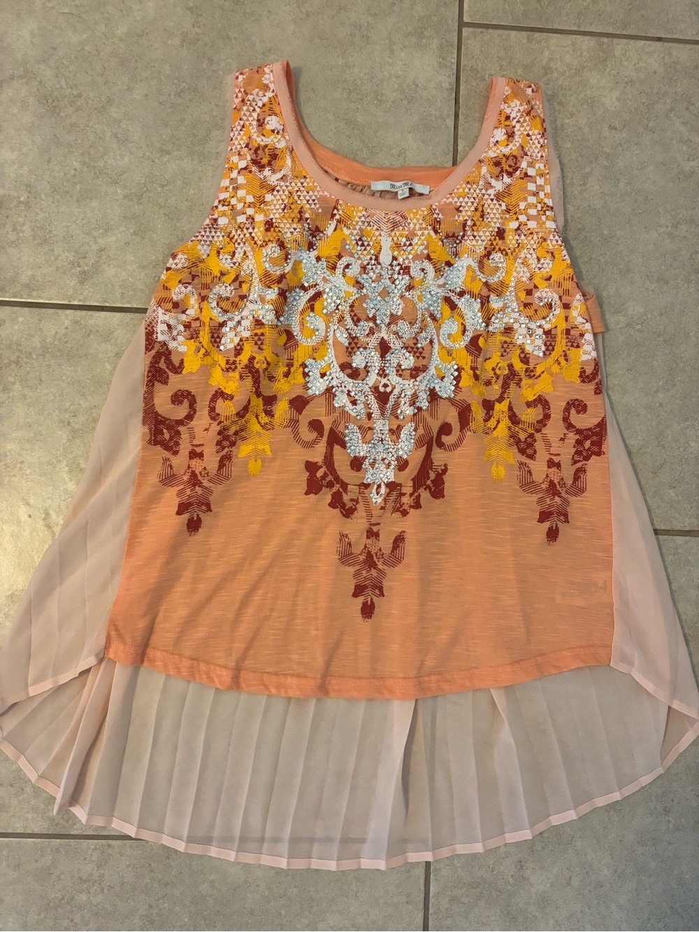 Miss Me Peach Embellished Sleeveless Tank with Sheer Chiffon Hem